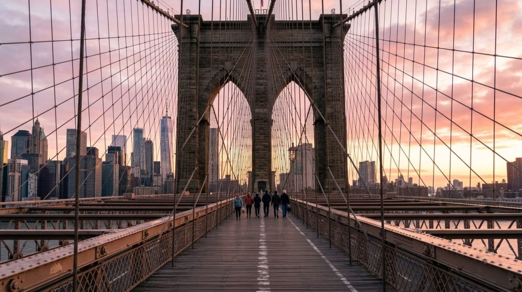 Brooklyn Bridge walkway leading to the Lower Manhattan skyline at sunrise