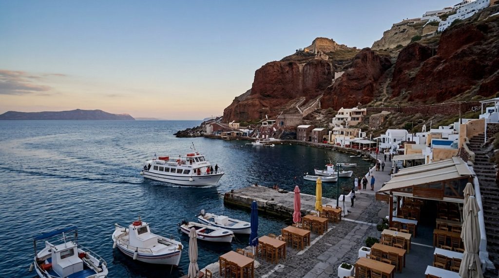 Small passenger boat leaving Ammoudi Bay in Santorini for Thirassia across the caldera