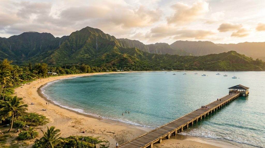 Hanalei Pier and green mountains above calm Hanalei Bay on Kauai, Hawaii