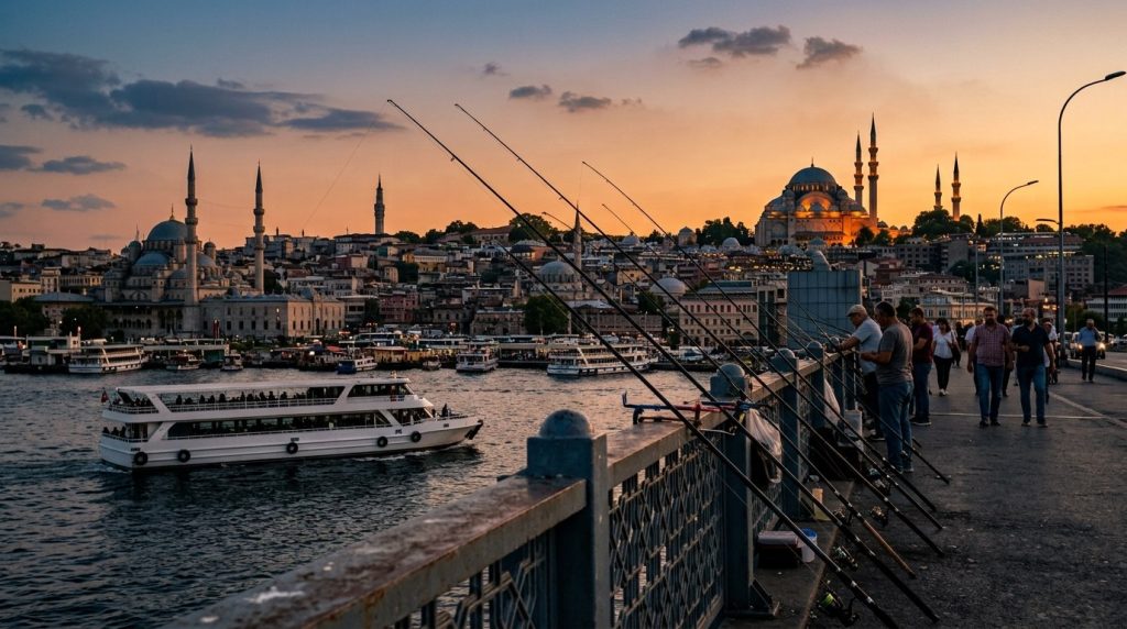 Süleymaniye Mosque above the Golden Horn seen from Galata Bridge in Istanbul at golden hour