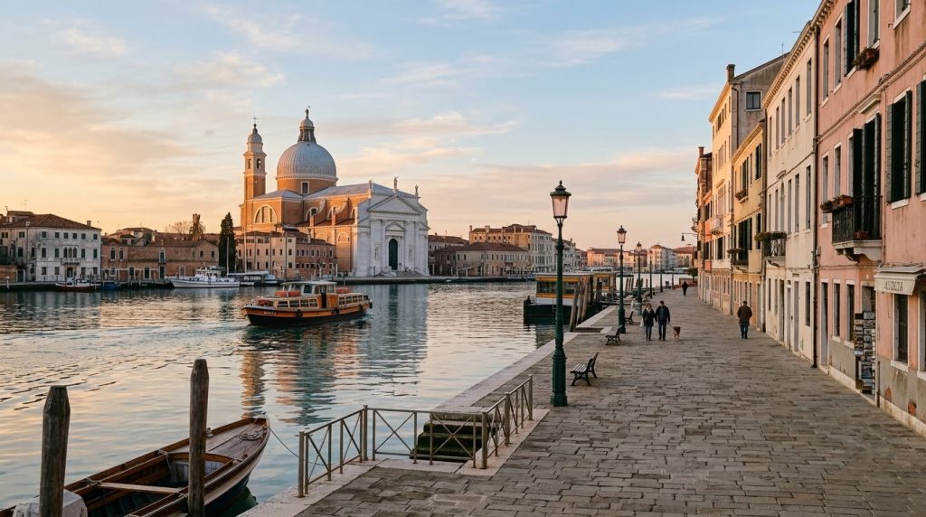 Zattere waterfront in Dorsoduro, Venice, with a vaporetto and Redentore church across the canal