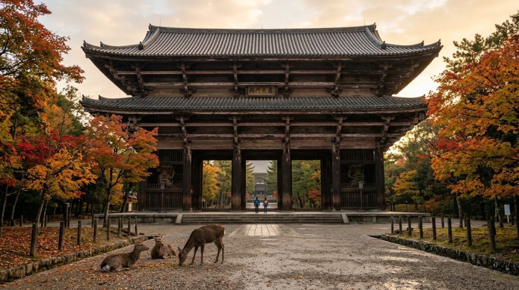 Sika deer resting before Todaiji's Nandaimon gate in Nara at autumn sunrise
