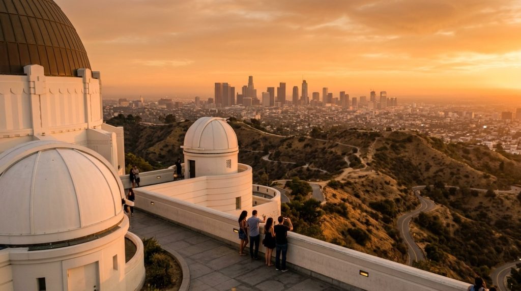 Griffith Observatory domes at sunset with the Downtown Los Angeles skyline beyond the hills