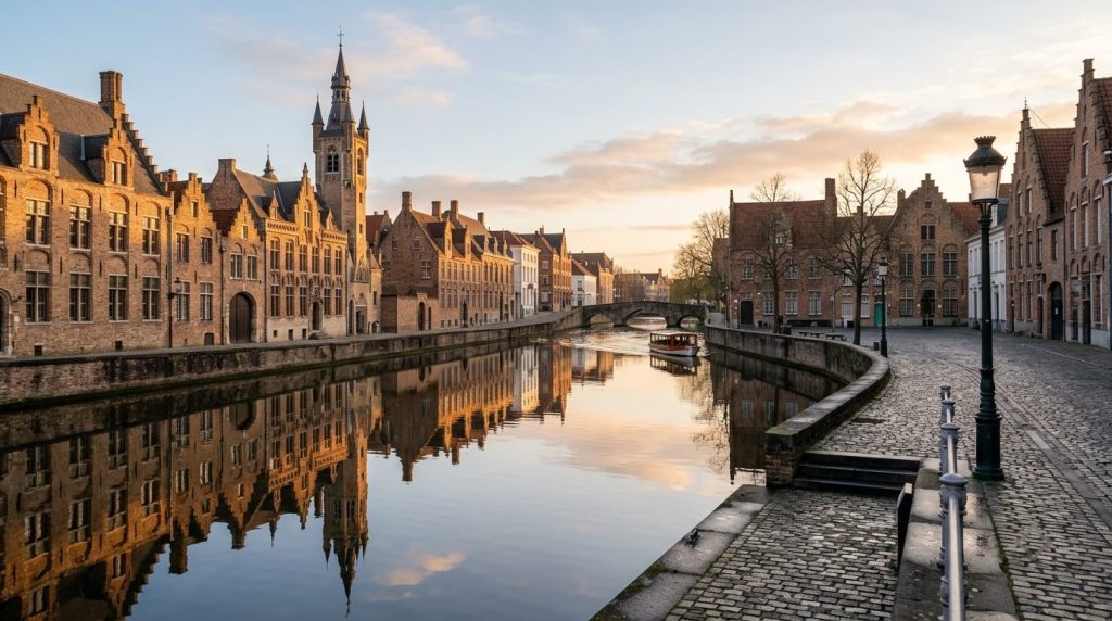Spiegelrei canal and Jan van Eyck Square in Bruges at sunrise with gabled houses
