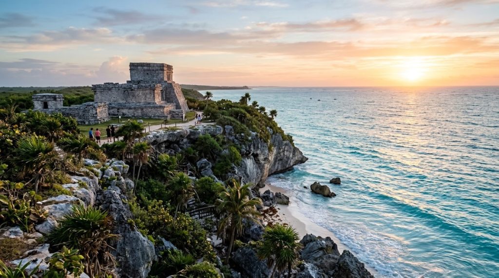 Tulum Mayan ruins on a clifftop above the turquoise Caribbean Sea