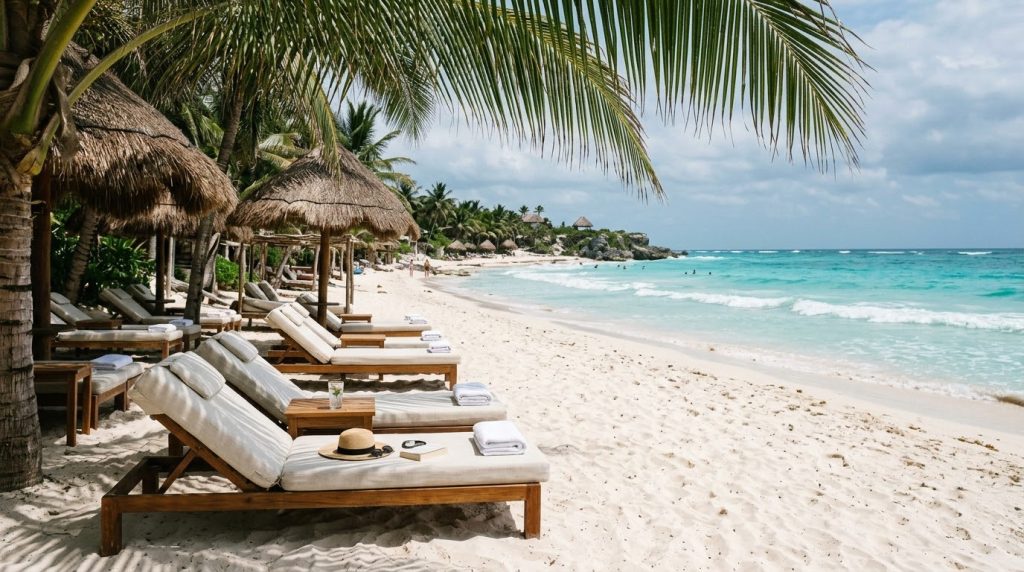 beach club loungers on a white sand Tulum beach by turquoise water