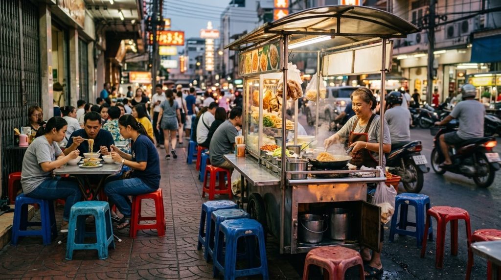 street food cart on a busy Bangkok sidewalk in the evening