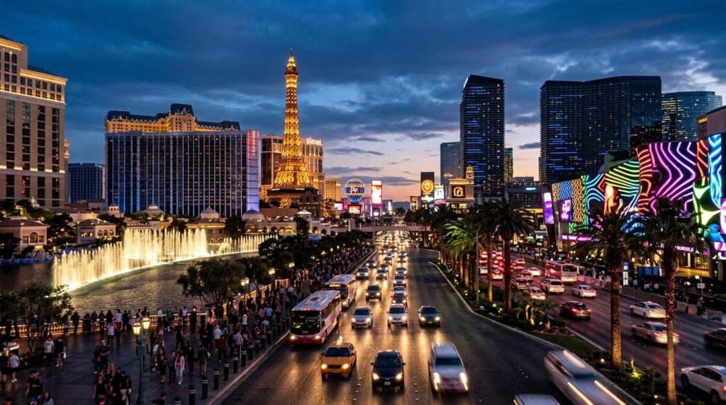 Las Vegas Strip casino towers lit up at dusk