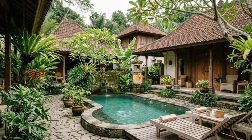 budget guesthouse courtyard with tropical plants and a small pool in Bali