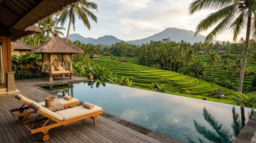 private villa infinity pool surrounded by palm trees and rice paddies in Bali
