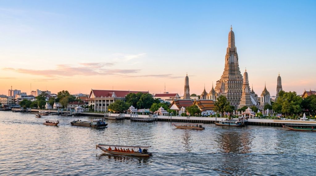 Wat Arun temple along the Chao Phraya river in Bangkok at sunrise