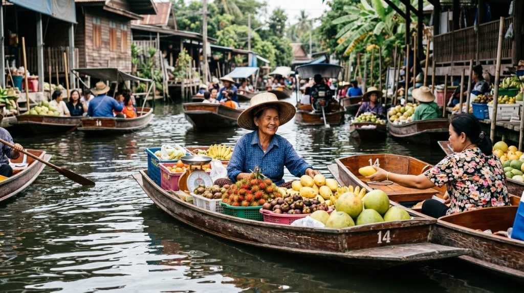 a vendor selling fruit from a boat at a Bangkok floating market