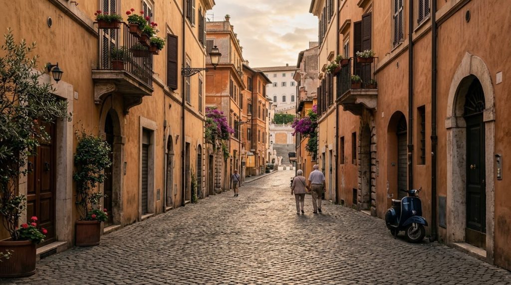 a cobblestone street near the Spanish Steps lined with ochre buildings in Rome