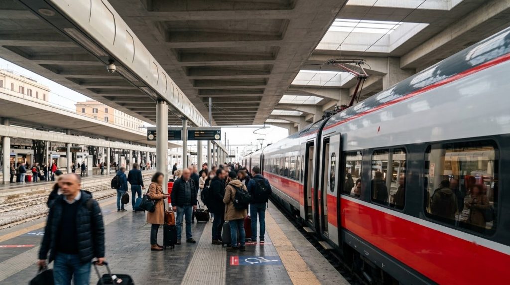 a high-speed train at the platform inside Roma Termini station
