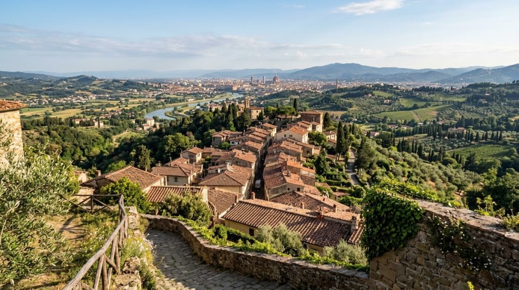 hilltop view over red tiled rooftops and countryside near Florence, Tuscany
