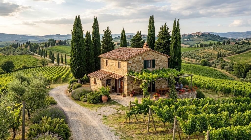 small countryside guesthouse surrounded by cypress trees and vineyards in Tuscany