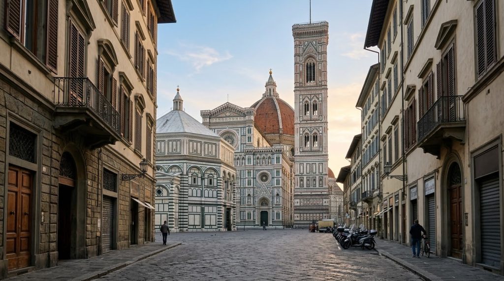 Florence Cathedral and bell tower viewed from a nearby street in the morning