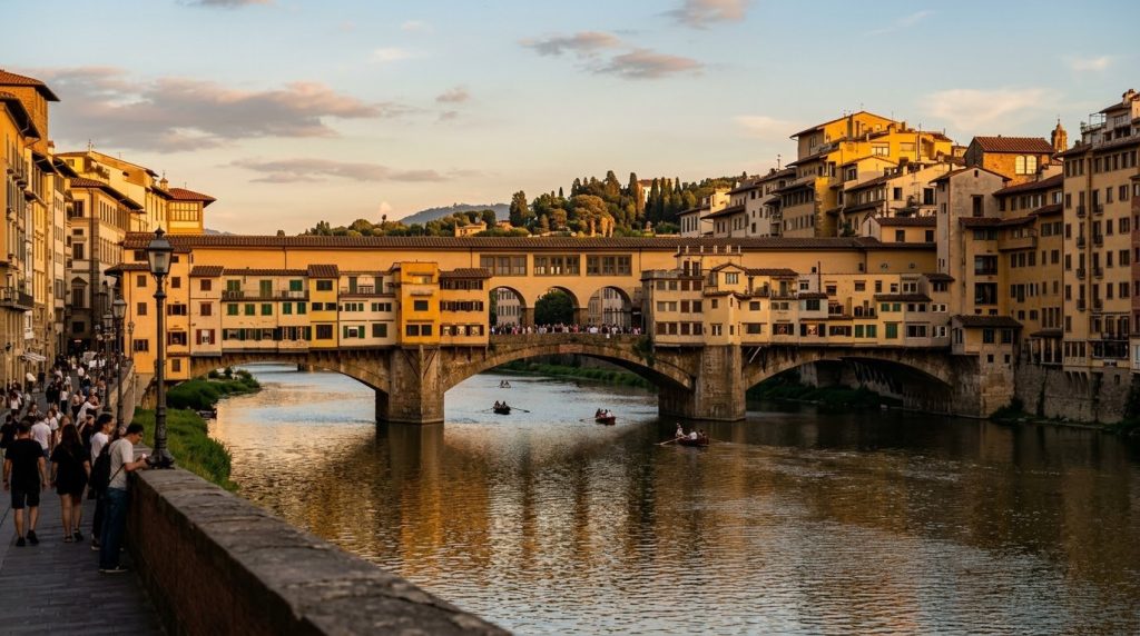 Ponte Vecchio bridge over the Arno river in Florence in late afternoon