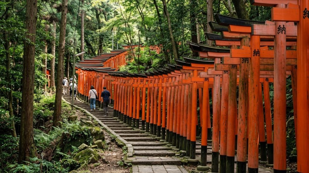 rows of vermillion torii gates along a forest path in Kyoto