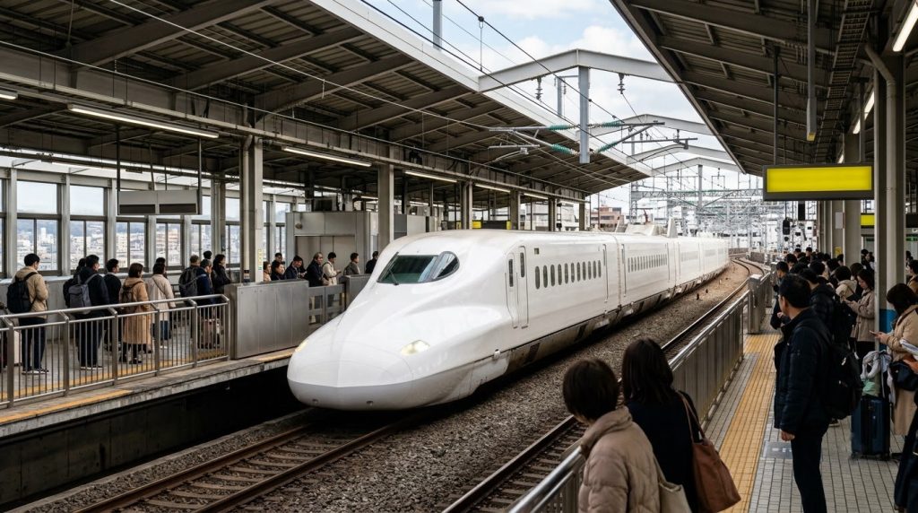 a Shinkansen bullet train arriving at a platform in Kyoto