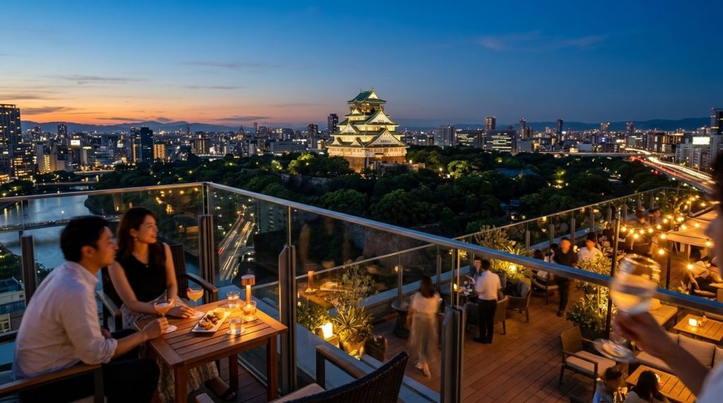 rooftop view of illuminated Osaka Castle at dusk