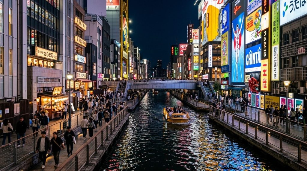 neon lit Dotonbori canal street in central Osaka at night