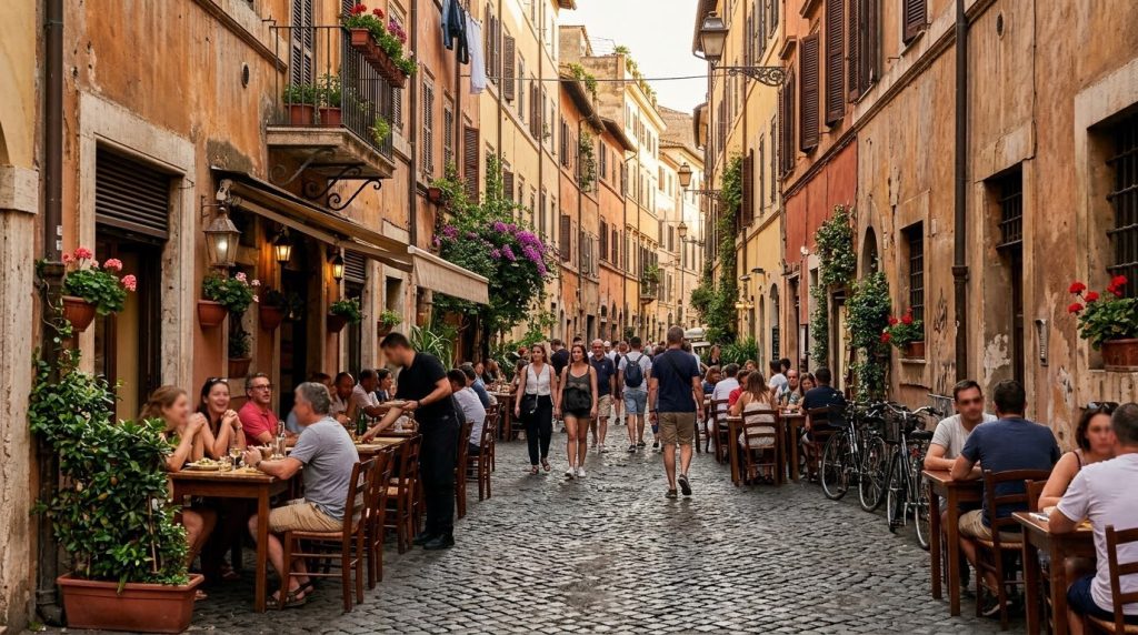 a cobblestone street lined with cafes in Rome's Trastevere district