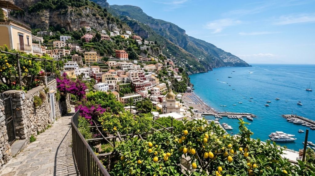 pastel cliffside houses and lemon groves above the sea in Positano