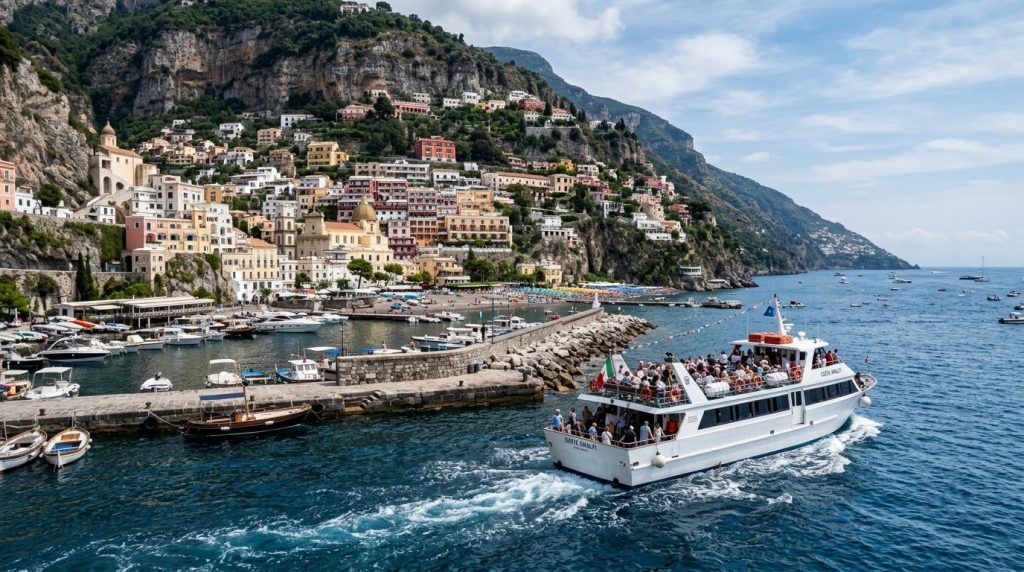 a passenger ferry leaving a small harbor on the Amalfi Coast