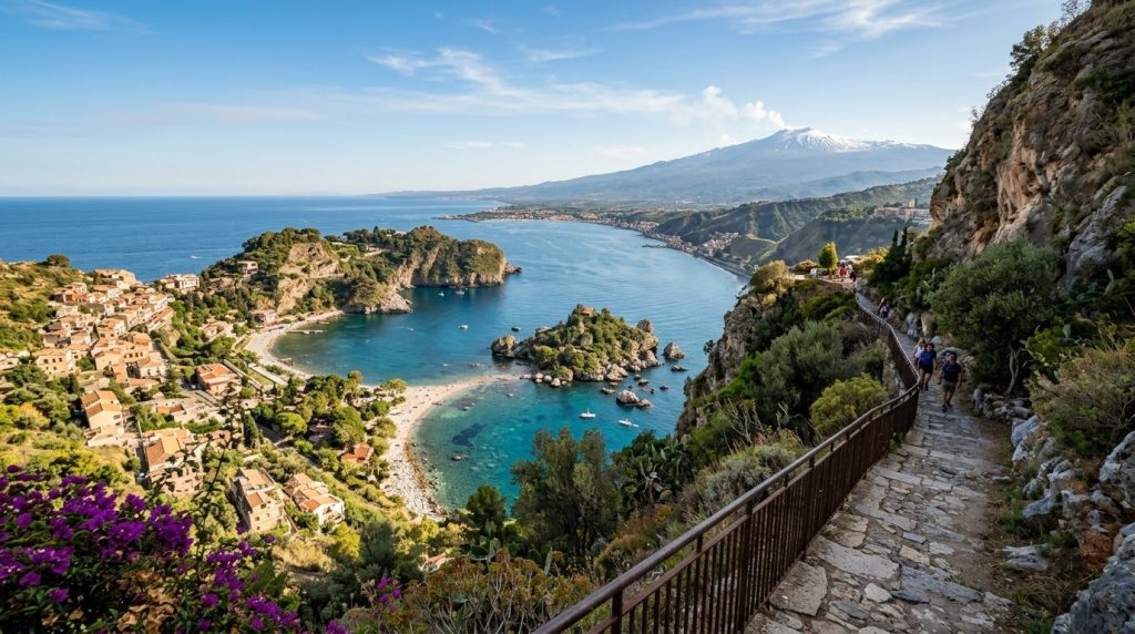 clifftop view of Taormina coastline with Isola Bella and Mount Etna, Sicily