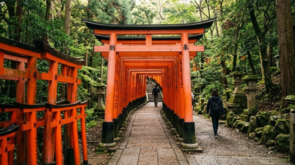 vermilion torii gates lining the path at Fushimi Inari Shrine in Kyoto