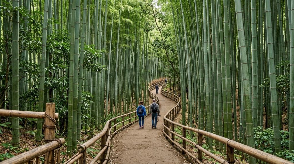 the bamboo grove path winding through Arashiyama in Kyoto, Japan