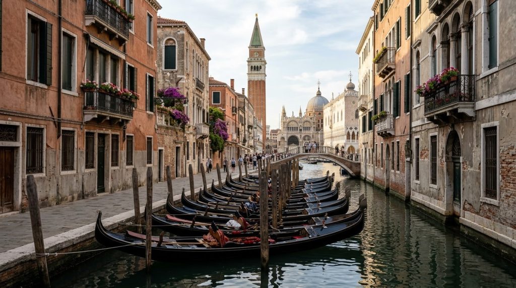 gondolas lined along a narrow canal near St Mark's Square in Venice