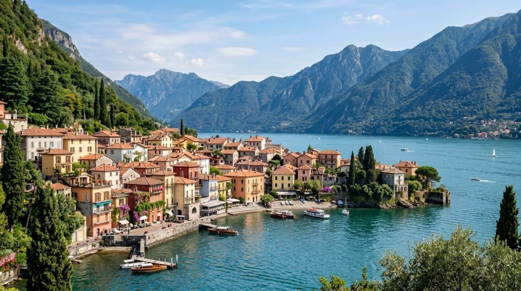 pastel lakeside houses along the shore of Lake Como, Italy