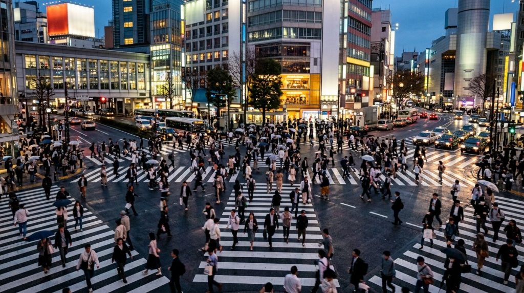 pedestrians crossing the Shibuya intersection in Tokyo at dusk