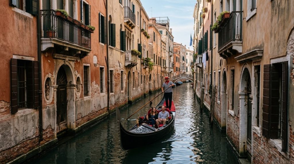 a gondola gliding along a narrow canal lined with old buildings in Venice