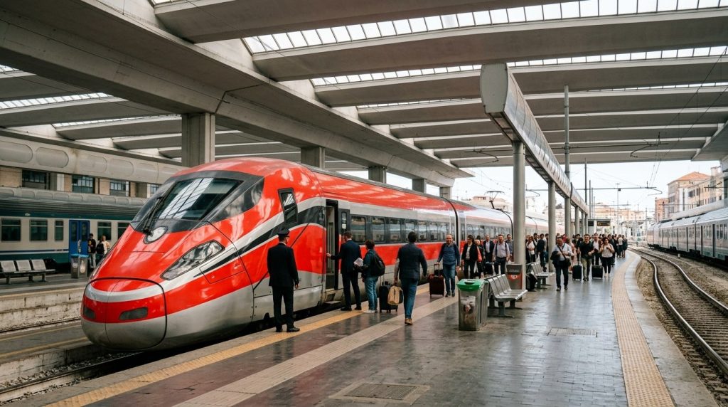 a high-speed train at the platform inside Venezia Santa Lucia station