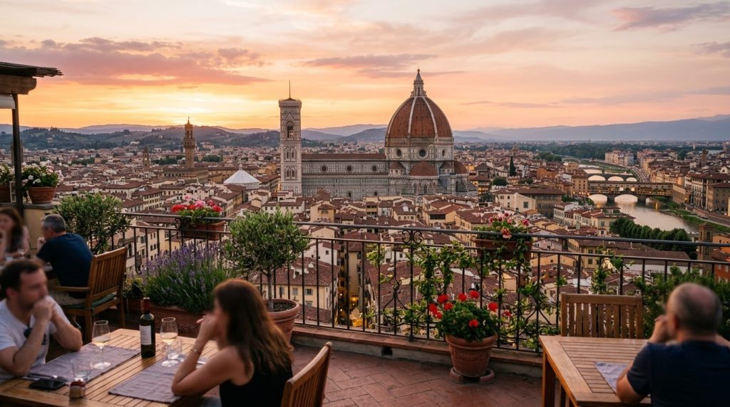 rooftop terrace view of the Florence Duomo's dome at sunset