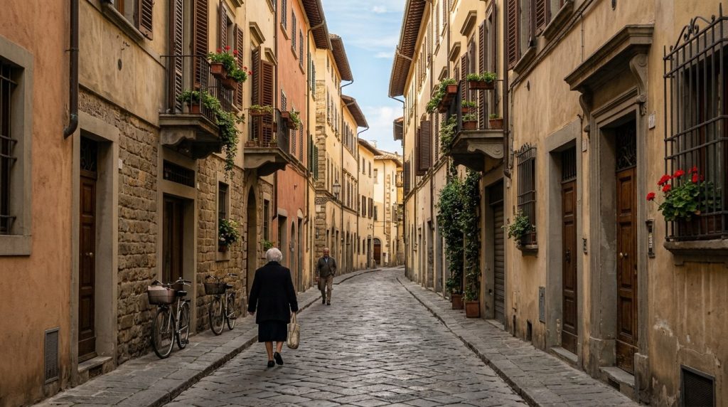 a quiet cobblestone street in the Oltrarno neighborhood of Florence