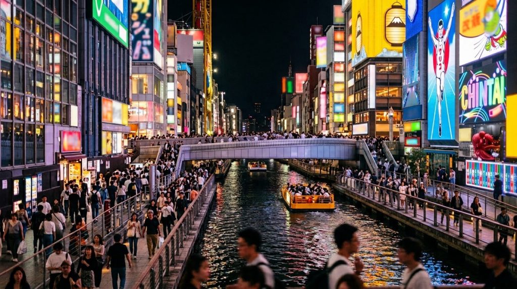 neon signs and crowds along the Dotonbori canal at night in Osaka