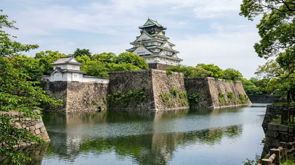 the stone moat and turret of Osaka Castle surrounded by trees