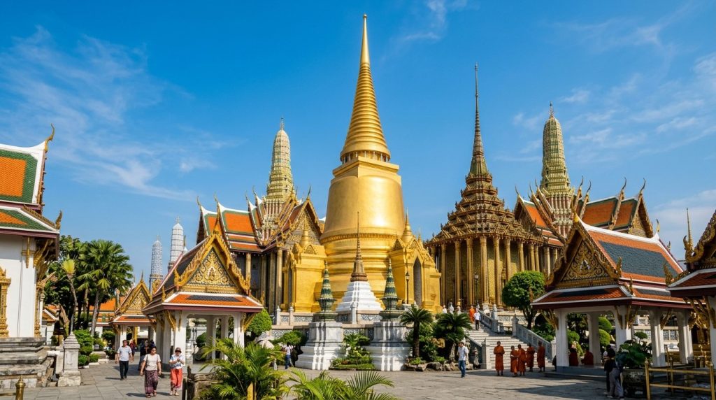 golden spires of the Grand Palace against a blue sky in Bangkok