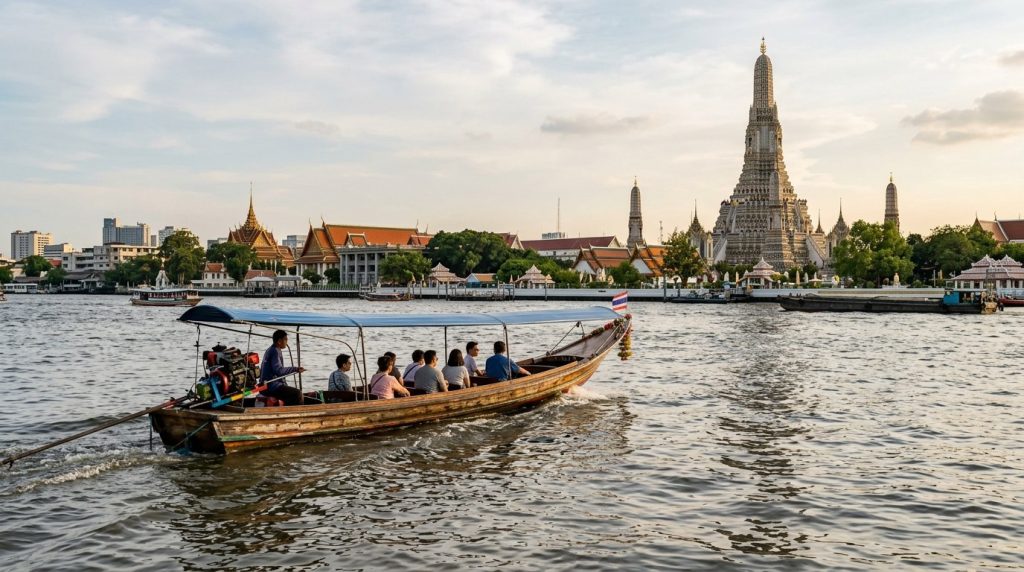 a wooden longtail boat cruising the Chao Phraya River in Bangkok