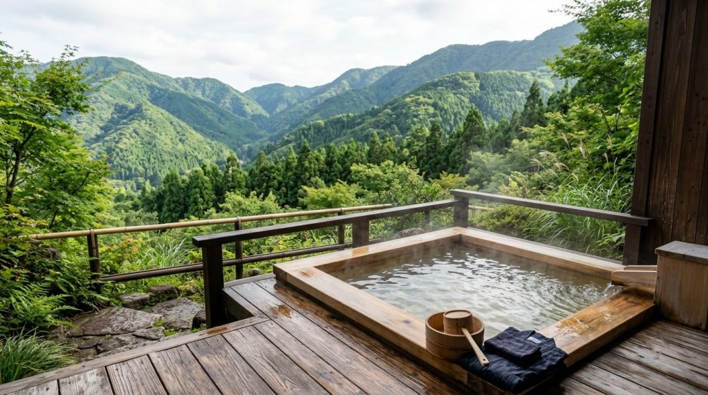 a private outdoor onsen terrace overlooking forested hills in Hakone