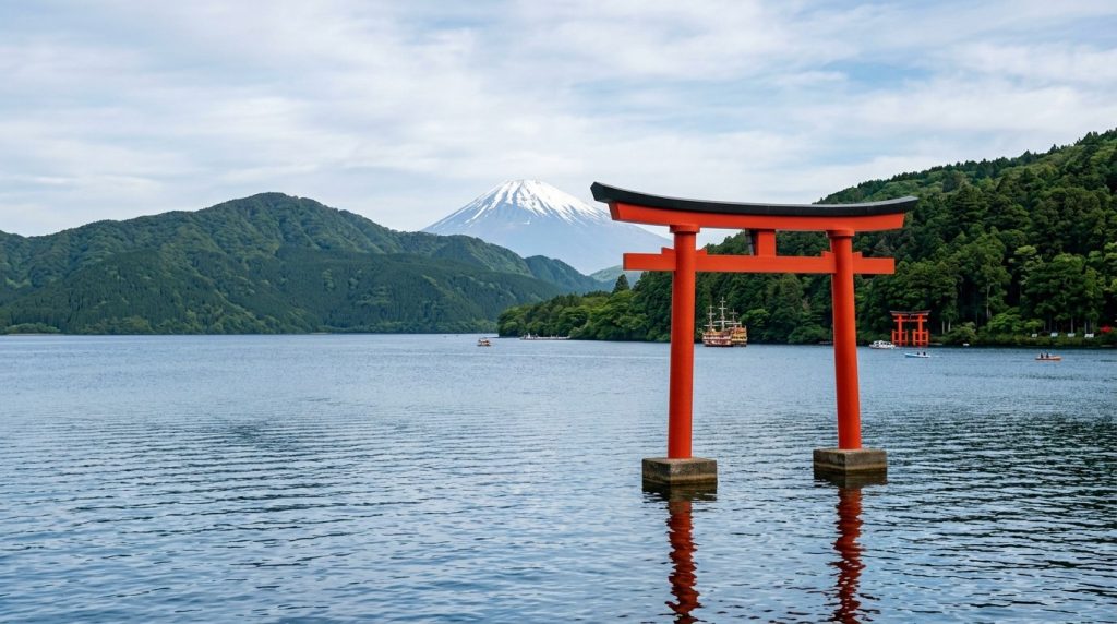 the Hakone Shrine torii gate rising from the water at Lake Ashi
