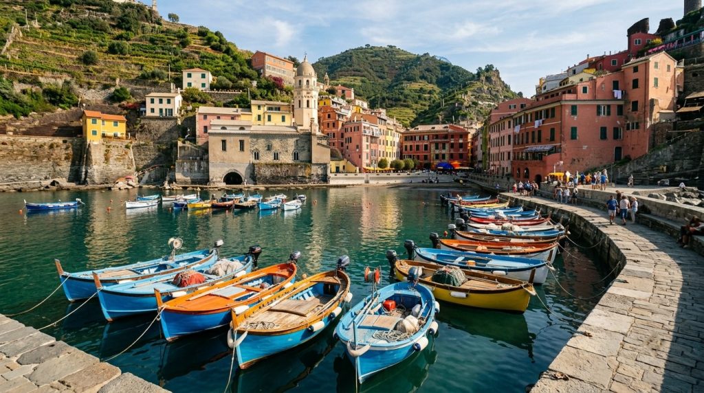 fishing boats docked in the small harbor of Vernazza, Cinque Terre