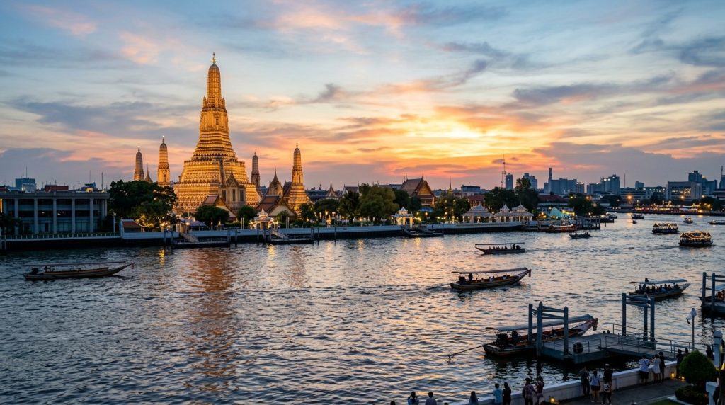 golden spires of Wat Arun reflecting on the river at sunset in Bangkok
