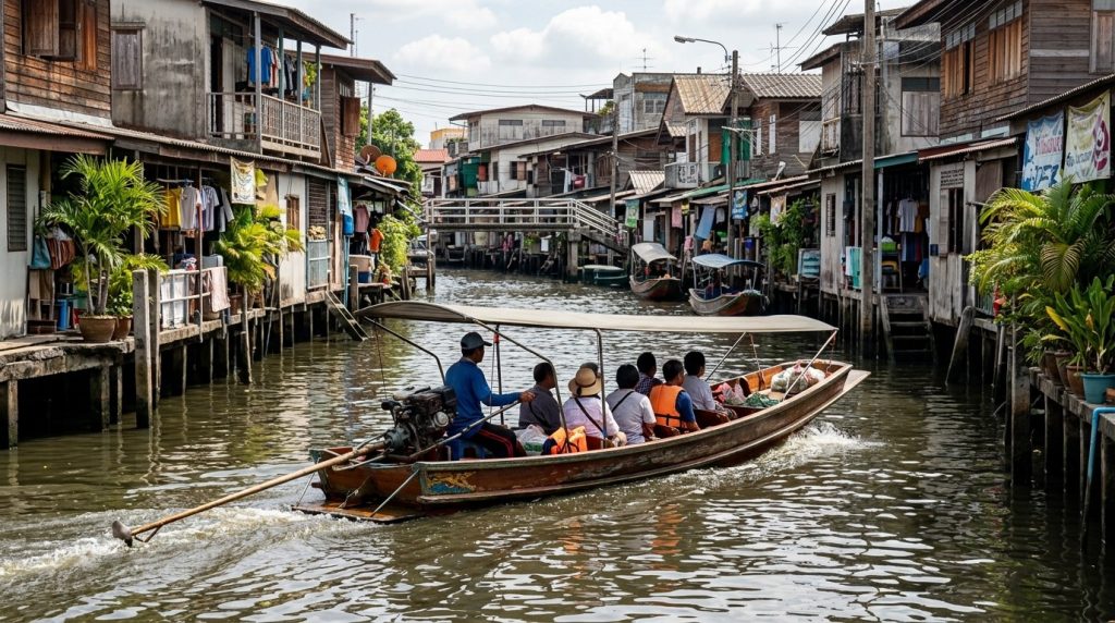 a wooden longtail boat cruising through a canal in Bangkok