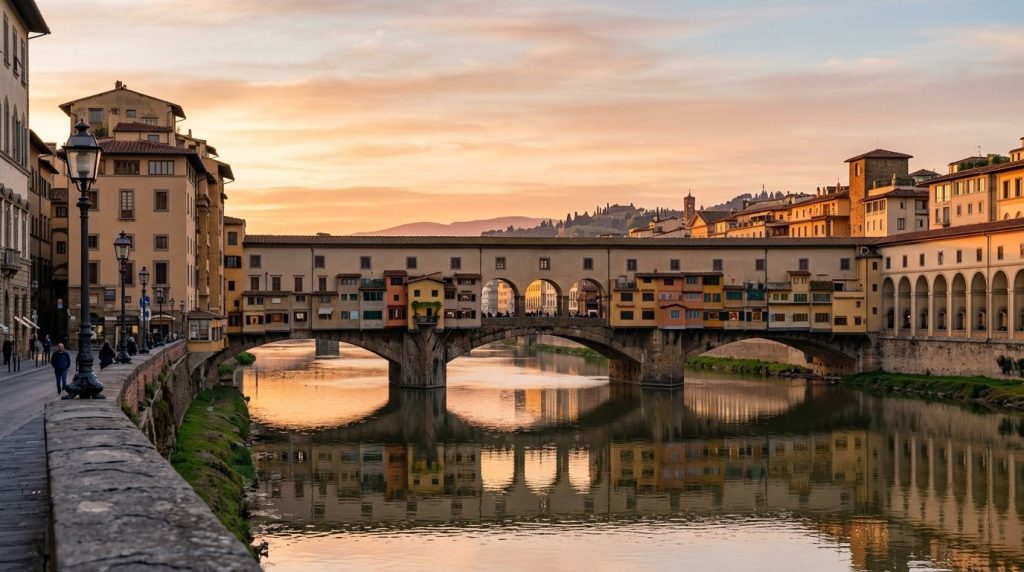 the Ponte Vecchio bridge over the Arno River at sunrise in Florence