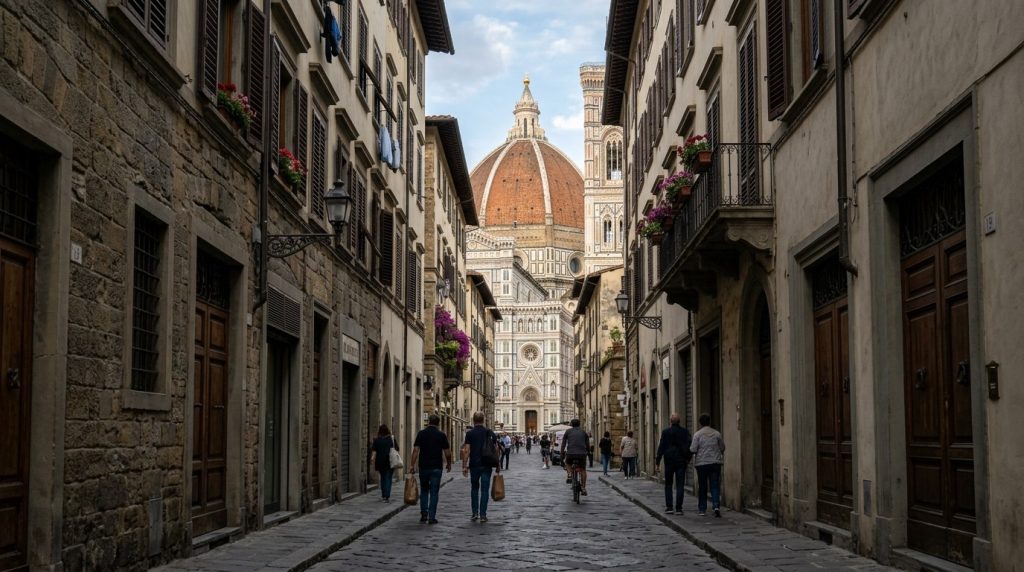 a narrow stone street lined with shuttered windows near the Duomo in Florence